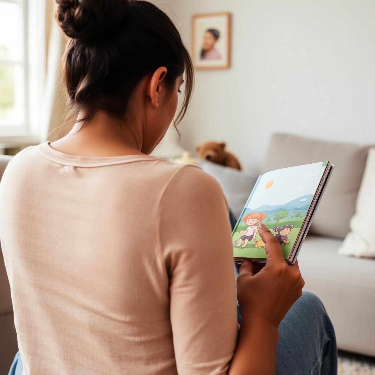 Voorlezen uit een prentenboek in een huiselijke woonkamer